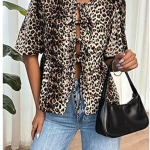 4/$15 Leopard Print Tie-Front Top Plus Size 4xl Layers Shirt Long Sleeve Curve